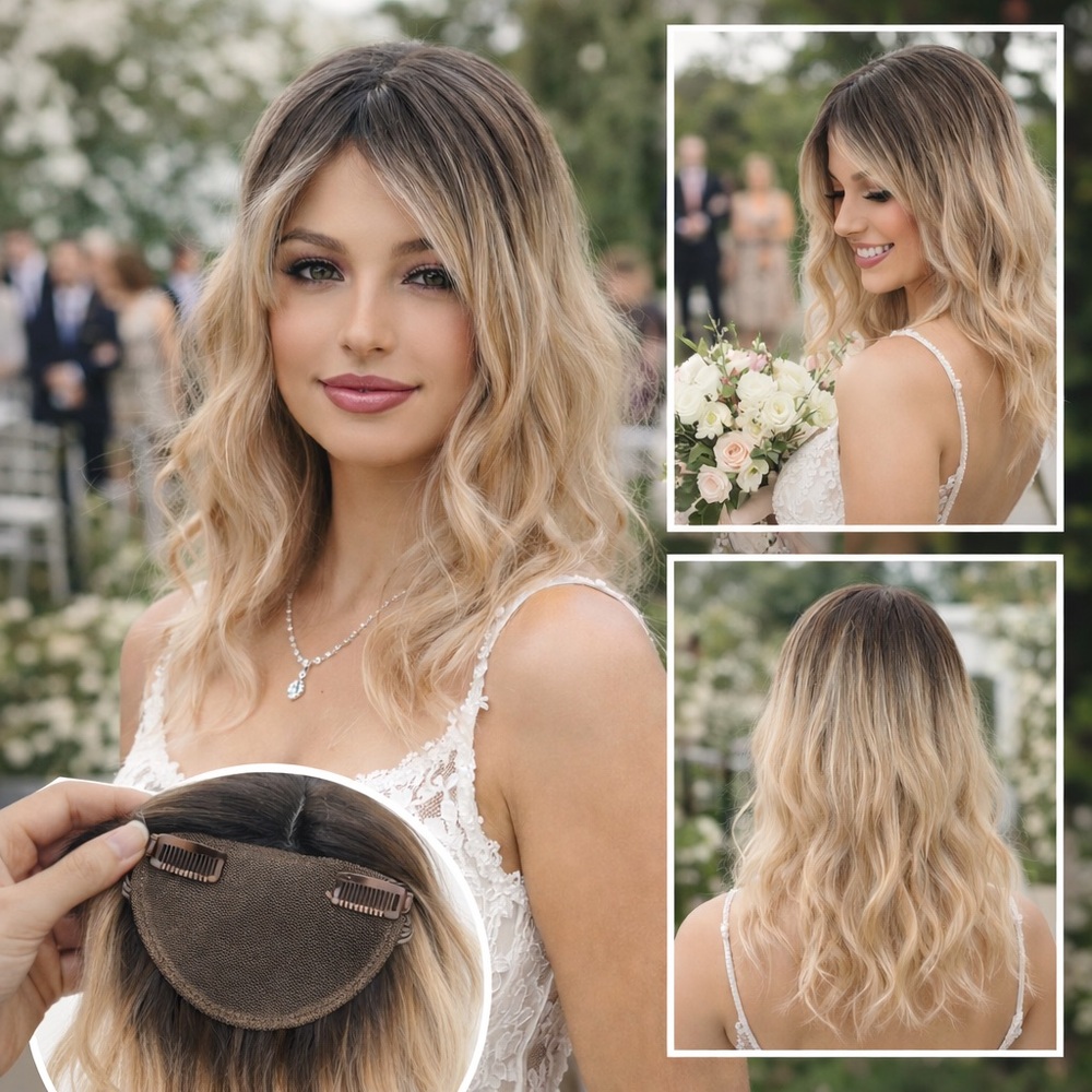 14 Inch Wig Topper R4/22/60# Ombre Blonde Synthetic Natural scalp 3 secure clips